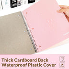 SUNEE Spiral Notebook, 1-Subject, College Ruled Paper, 8" x 10-1/2", 100 Sheets per Notebook, 3-Hole Punched Paper, Water Resistant Cover, Double-sided Pockets, Spiral Lined Notebooks for Work, Pink