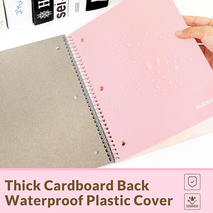 SUNEE Spiral Notebook, 1-Subject, College Ruled Paper, 8" x 10-1/2", 100 Sheets per Notebook, 3-Hole Punched Paper, Water Resistant Cover, Double-sided Pockets, Spiral Lined Notebooks for Work, Pink