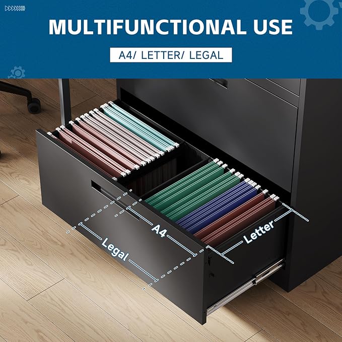 PEUKC 3-Drawer Metal File Cabinet, Lateral Vertical Filing Cabinets for Home Office, Locking File Cabinets with Storage Shelves, Legal/Letter/A4 Size Office File Cabinet (Black, Assemble Required)