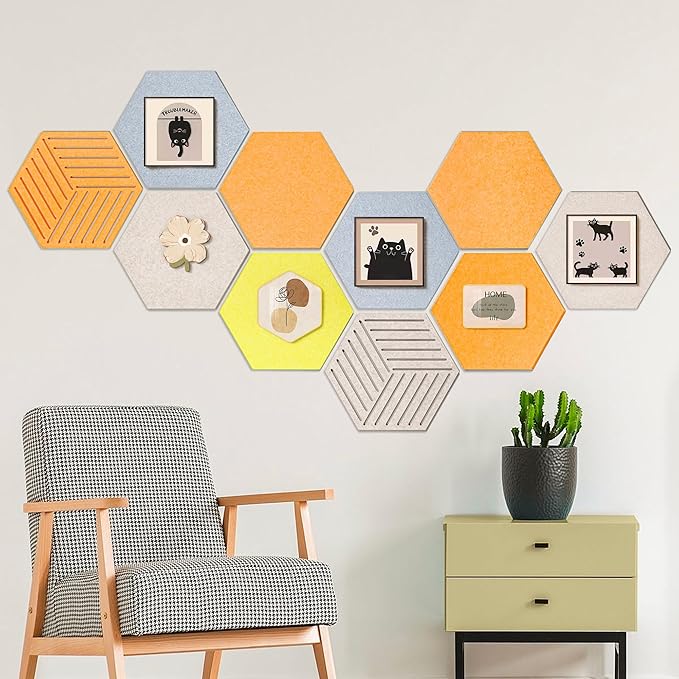 Fwpelt 12'' Medium Hexagon Cork-Bulletin Board Tiles Frameless 10 Pack Adhesive Removable Felt Corkboard Decorative Prayer-Vision Board for Home-Office Wall Decor, Hex Tack Pinboard with 30 Pushpins