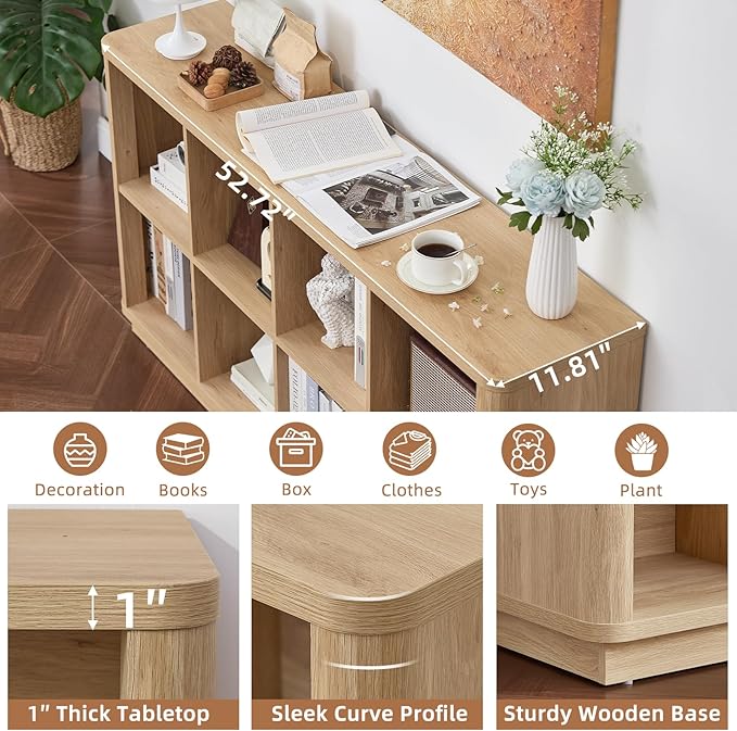 Joaxswe 8 Cube Storage Book Shelf, 52" Long Horizontal Bookshelf with Curved Edge, Floor Standing Wooden Cubby Bookcase with Base, Modern Low Console Book Case, TV Stand for Living Room, Natural Oak