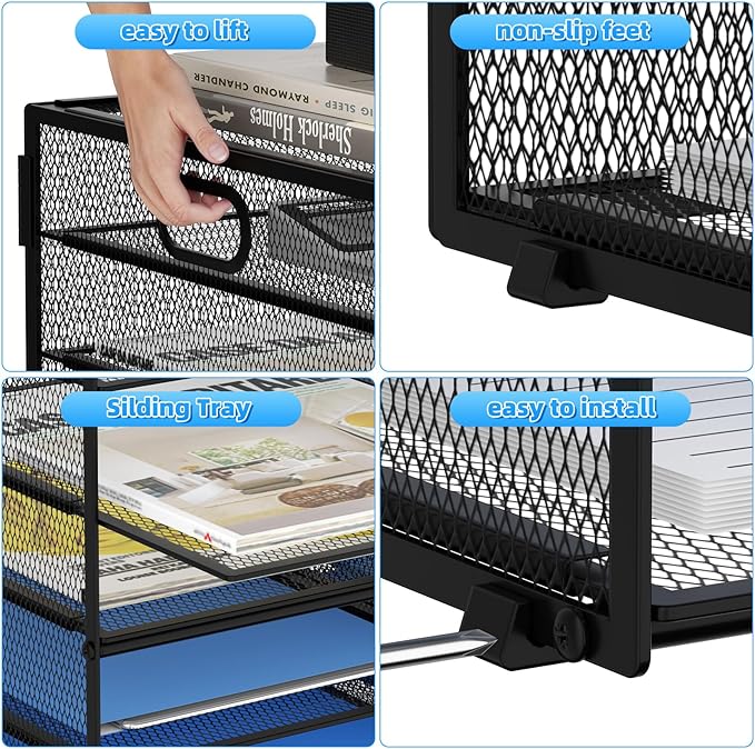 Lavatino 12 Compartments Paper Organizer for Desk, Mesh Literature Organizer, Mail File Sorter Tray with Handle, Desktop Mailbox for Office Classroom Home, Black
