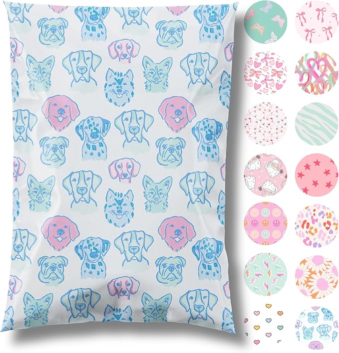 Pretty Package Store 10x13 Designer Poly Mailer 100 Pack Heavy Duty Waterproof Self Seal Shipping Bags for Small Business Large Mailing Envelopes Bulk Tear Resistant Packaging Pretty Pups Puppy Dogs