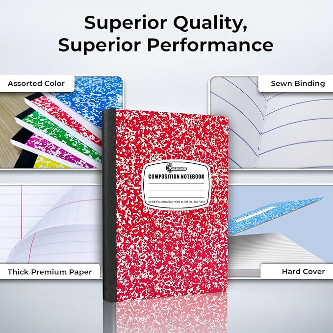 Rosmonde 50 Pack Bulk Composition Notebooks College Ruled, 200 Pages (100 Sheets), 9-3/4 x 7-1/2, Bulk School Supplies, Bulk College Ruled Notebooks, Bulk Assorted Colors Marble Notebooks for School