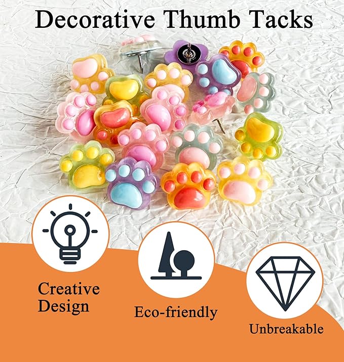 30 pcs Cat Paw Push Pins, Cute Animal Decorative Thumbtacks,Cartoon Drawing Pins for Cork Board,Photo Wall,Memo Paper,Menu Maps,Home and Office Decor,Class or Cubicle Decor