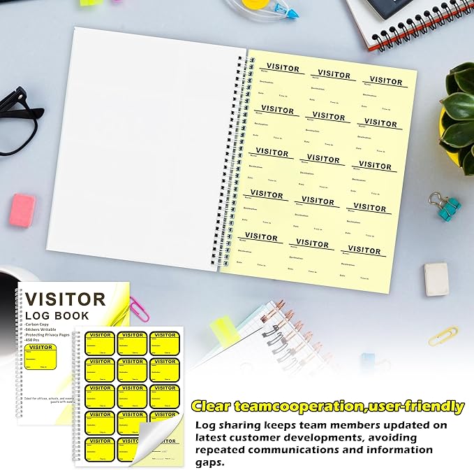 1 Pack Visitor Badges with Carbon Copy Visitor Stickers Letter Size Visitor Log Book Protecting Privacy Pages Register Book Business Guest Name tag for School Clinics Church 450 Badges 60 Memo Pages