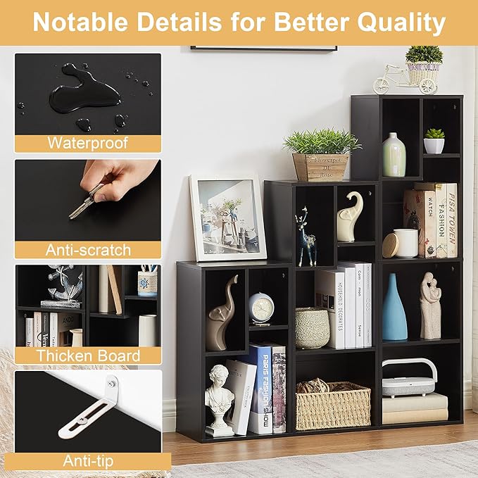 VECELO Narrow Bookshelf Set, Fits 9.3" × 10-12.8" Hardcovers, Cube Storage Bookcases, Free-Standing for Living Room, Bedroom, Home Office, 2/3/4-Tier, 3-Pack, Black