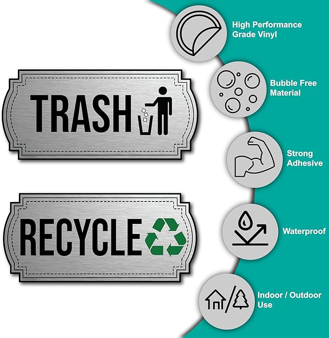 Recycle and Trash Stickers for Trash Cans - Stainless Steel Style Vinyl Recycling Bin Labels - 2 Pack - 6.5" by 3" Decals Logo - Waste Signs for Home Kitchen or Office Bins Indoor/Outdoor Use