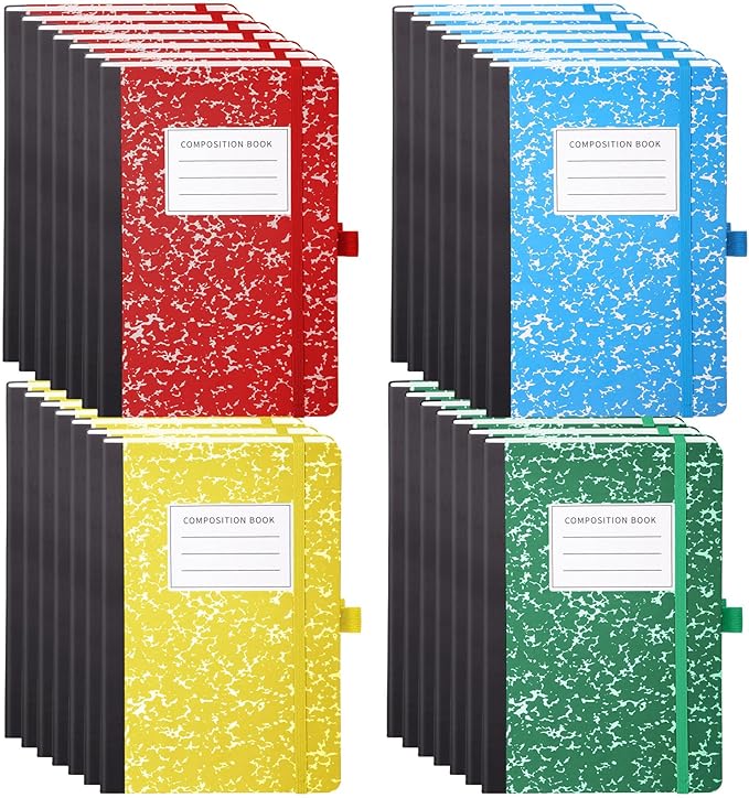 Laumoi 28 Pack PU Leather Lined Notebook Journal Bulk A5 Hardcover Notebook College Ruled 5.5 x 8.2 Inch Journal with Pen Holder for School Business Work Writing (Red, Green, Blue, Yellow,Marble)
