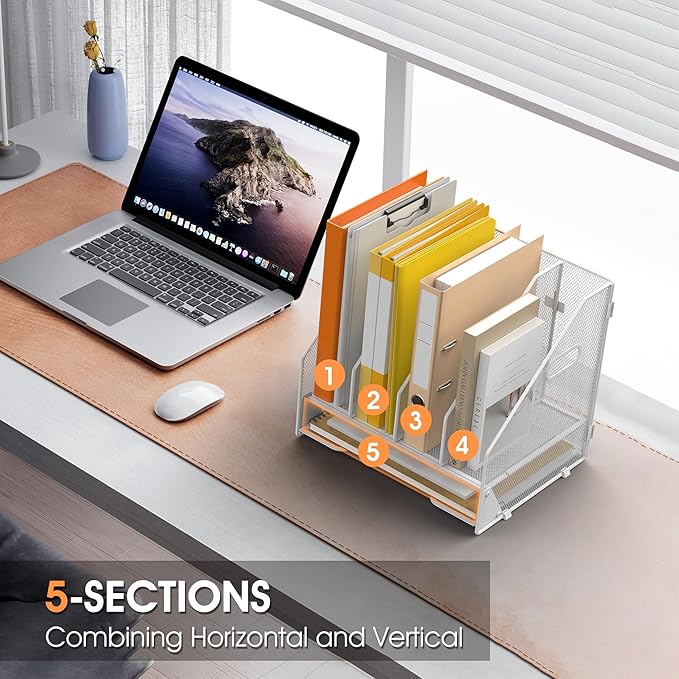 OrgMate Desk File Folder Holder Organizer-4 Vertical Compartments Racks and Paper Letter Tray,Mesh Magazine File Holder Sorter,Desktop Accessories & Workspace Organizers for Home,Office,School-White