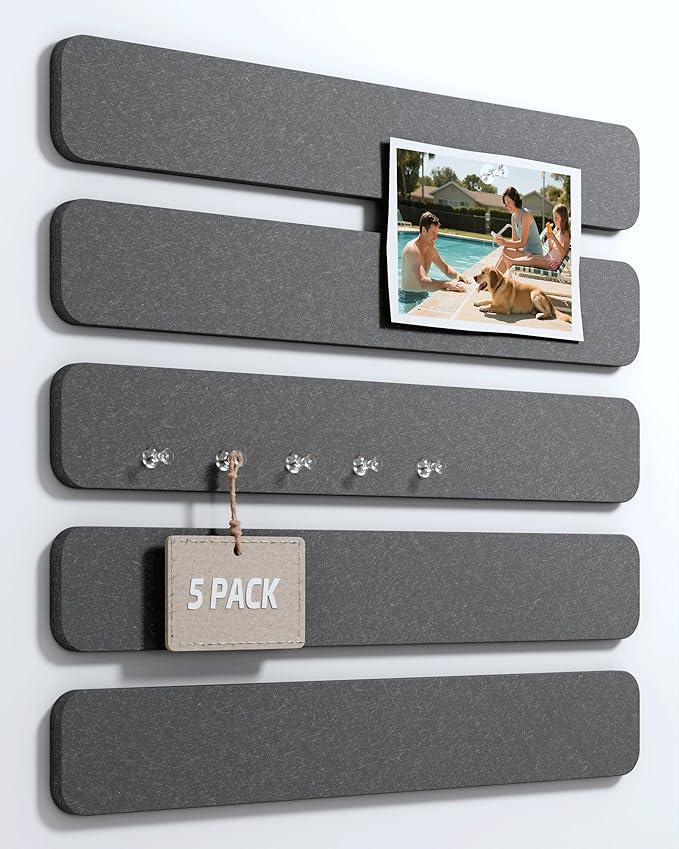 Fluxynara Cork Board Alternative Felt Strip Board 5-Pack 13"x2", Office Pin Board with 35 Push Pins, Adhesive Install for Bedroom Door & Home Office(Charcoal Gray)
