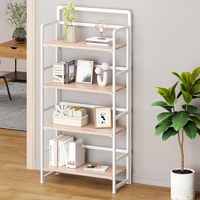 THKKY No Assembly Folding Bookshelf, 4 Tiers Collapsible Book Shelf for Home Office, Vintage Wood Foldable Bookcase Storage Organizer for Living Room Bedroom (Beige)