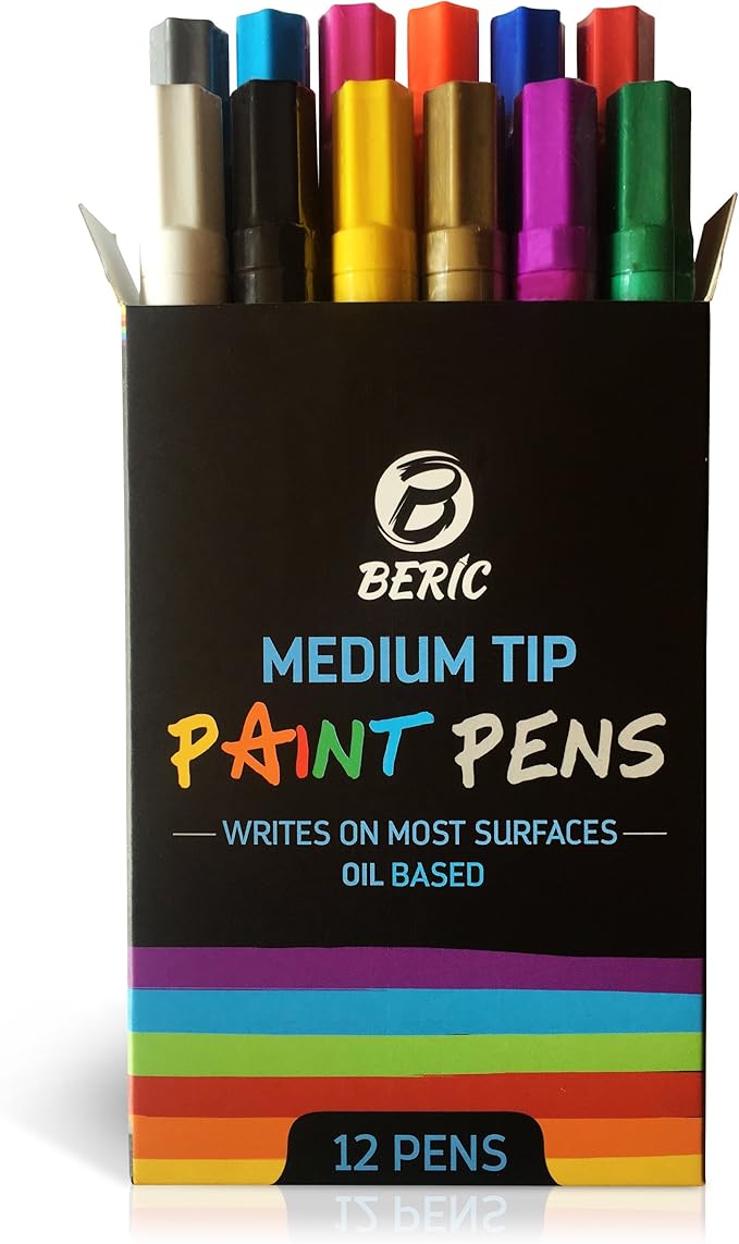 Premium Paint Pens by Beric 12 pack, Oil-based Paint Marker, Medium Point, Writes on Almost Anything, Water and Sun Resistant Vibrant Colors Low Odor Long Lasting Fast Drying Assorted Colors