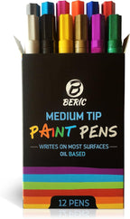 Premium Paint Pens by Beric 12 pack, Oil-based Paint Marker, Medium Point, Writes on Almost Anything, Water and Sun Resistant Vibrant Colors Low Odor Long Lasting Fast Drying Assorted Colors
