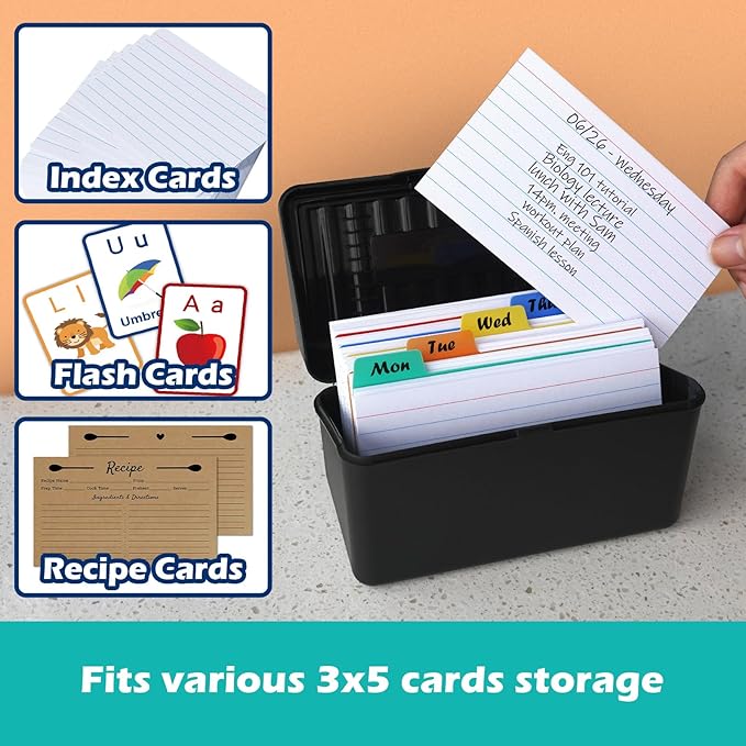 Olivo Index Card Holder Box 3x5 Flash Note Card Holder Storage File Box Organizer Case for 3"x5" Cards, Black 2 Pack
