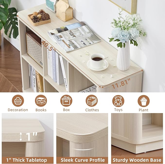 Joaxswe 6 Cube Bookcase, 40" Wide Low Horizontal Book Shelf Curved Edge, Wood Floor Standing 2-Tier Bookshelf with Base, Modern Short Storage Cabinet Book Case for Bedroom,Office, Grey-White Cream Oak