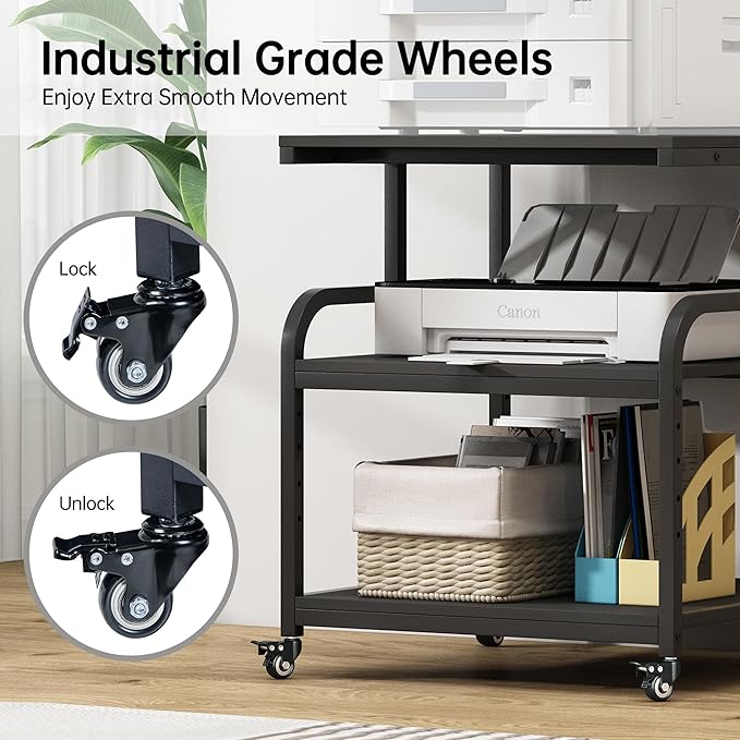 Fannova 25.6" x 23.6" Extra Large Printer Stand Table with Adjustable Storage Shelf, 3 Tier Rolling Printer Cart with Industrial Wheels for Home Office, Black