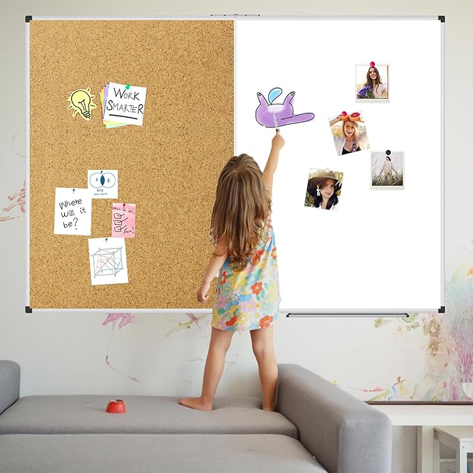 XBoard Extra Large Magnetic White Board and Bulletin Corkboard Combination, 60 x 40 Inch Foldable Dry Erase & Cork Combo Board for Wall with Aluminum Frame, 5' x 3' Notice Memo Board Pin Vision Board