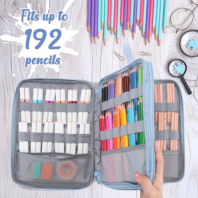VASCHY Colored Pencil Case, Corduroy Large Pencil Pouch for Art Pens Markers Gel Pens Big Holder Organizer Fits 192 Pencils for Girls Women Light Blue