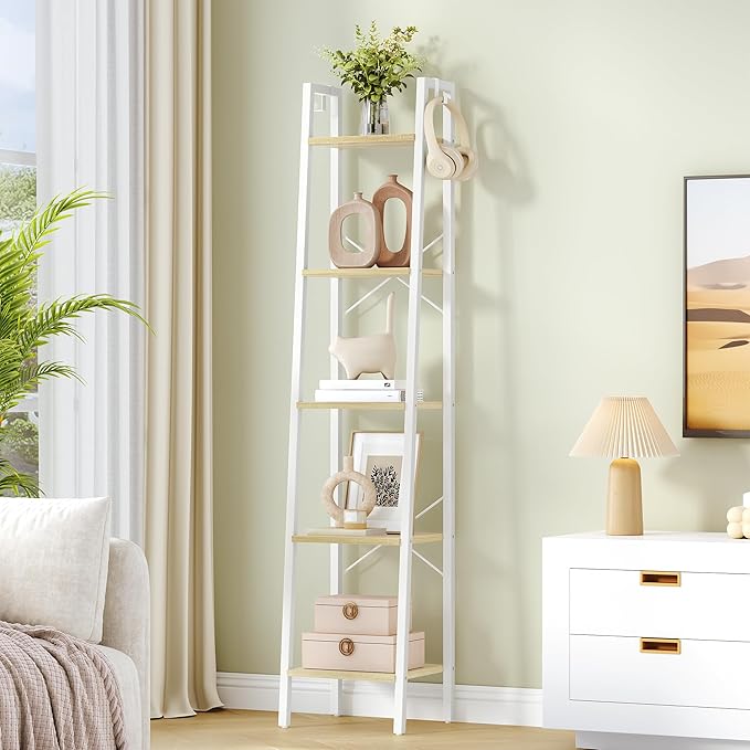 Hzuaneri Ladder Shelf, Bookshelf Bookcase, Freestanding Corner Storage Shelve with 2 Hooks for Home Office, Living Room, Kitchen, Bedroom, Industrial, 11.8" D x 13.4" W x 63" H, White Oak and White