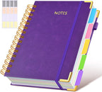 Hardcover Spiral Notebook journal with Removable Dividers Tabs, 300 Pages Leather 5 Subject Notebook College Ruled, 100GMS Notebooks for Work School Note taking,Lined Journal for Women,A5 Dark purple