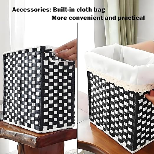 Fozxsvg Black Woven Wicker 3.5 Gallon Fabric Trash Can, Storage Baskets, Waterproof Cute Waste Basket, Decorative Trash Bin for Bedroom, Office, Living Room, Kitchen