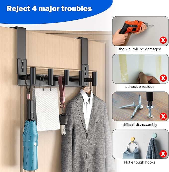 PMMASTO Over The Door Hooks, Door Hanger Hook for Hanging, Coat Rack Organizer for Bathroom, Towel Holder Bathroom Accessories (Black 5 T-Hooks-Fits 1-3/4" Thick Door)