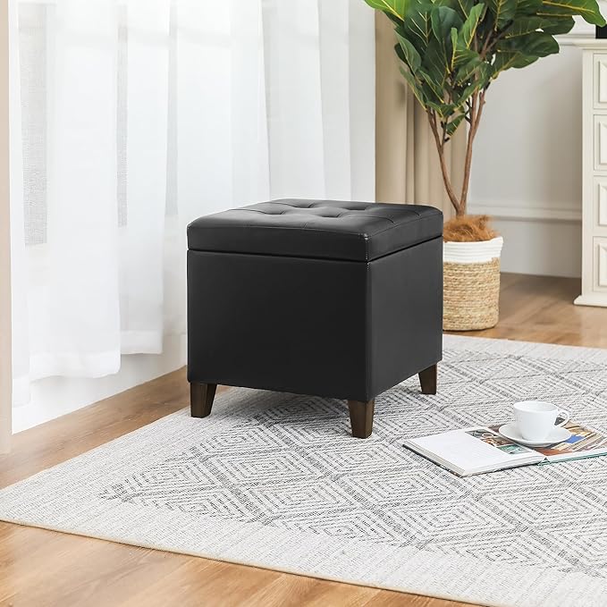 Homebeez Black Tufted Faux Leather Storage Ottoman Square Cube Foot Rest Stool with Flip Top