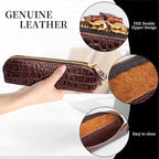 Gexmil Genuine Leather Pen Case, Full Grain Leather Pencil Holder, Hand-made Stationery Bag for Work & Office, Vintage Style, Crocodile Brown