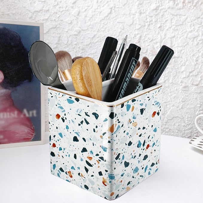 LEAZUL Pen Pencil Holder, Makeup Brush Holder,Ceramic Remote Control Holders Organizer with 2 Compartment Terrazzo Multi-functional Office Organizers Storage Caddy Desk Tv Remote Holders Light Blue