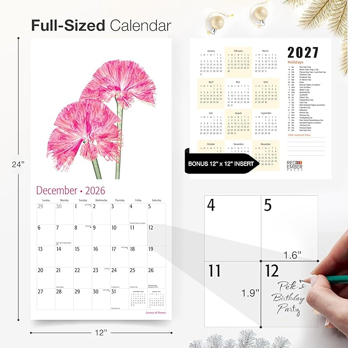 RED EMBER Essence of Flowers 2026 Wall Calendar 12 Month | 12" x 24" Open | Thick & Sturdy Paper | Holiday Gift | Garden Nature Art Calendar 2026