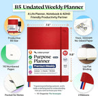 Roterunner Purpose Planner Notebook B5 7.5”x9.8” Undated 2026 Daily Weekly and Monthly Productivity Goal Setting Tool for Work Home ADHD for Adults Self Care Journal