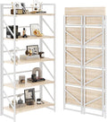 JSB No Assembly Folding Bookshelf, 5 Tier Industrial Metal Book Shelf for Storage, Vintage Wood Foldable Bookcase for Living Room, Bedroom, Office Organization Shelves