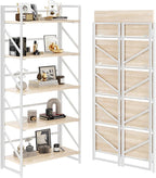 JSB No Assembly Folding Bookshelf, 5 Tier Industrial Metal Book Shelf for Storage, Vintage Wood Foldable Bookcase for Living Room, Bedroom, Office Organization Shelves