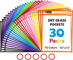 Gamenote 30 Pack Dry Erase Pockets with 5 Rings, 10 Assorted Colors 10x14 Oversized Reusable Plastic Sleeves, Clear Sheet Protectors, Teacher Supplies for Classroom Organization