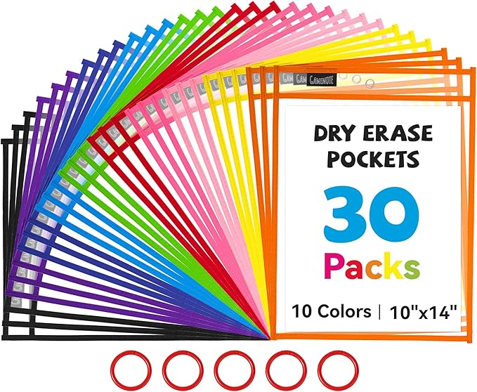 Gamenote 30 Pack Dry Erase Pockets with 5 Rings, 10 Assorted Colors 10x14 Oversized Reusable Plastic Sleeves, Clear Sheet Protectors, Teacher Supplies for Classroom Organization