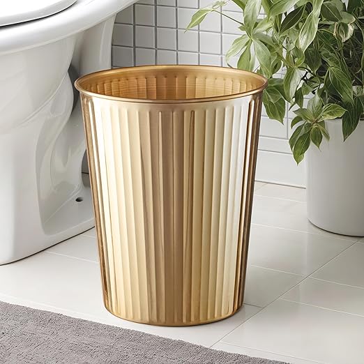 Monarch Abode Metal Bathroom Trash Can – Waste Basket for Bedroom, Office Desk, & Dorm, Handcrafted Ridge Embossed, Durable Decorative Brushed Gold Small Trash Can Bathroom Garbage Bin Wastebasket