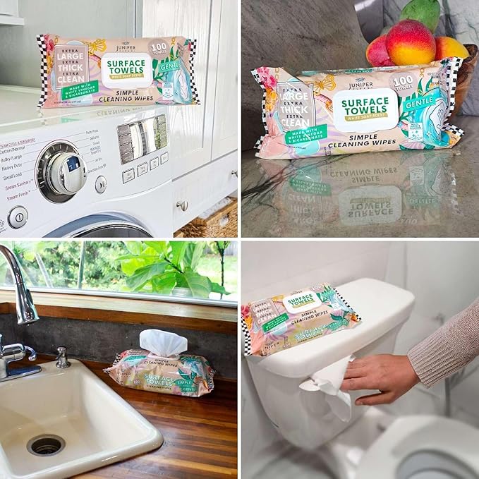 Juniper CLEAN 3 Packs Surface Cleaning Wipes, Thick & Large Dispose, All-Purpose Cleaner for Bathroom, Kitchen, Office, 300 Count Soft Flow, Biodegradable, White Soap Scent