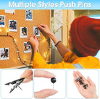290 Pcs Push Pins, 6 Style Thumb Tacks Set for Wall Hanging,Cork Board, Bulletin Board, Decorative Steel Point Push Pins for Map, Photo, Craft, Office, Home - Black