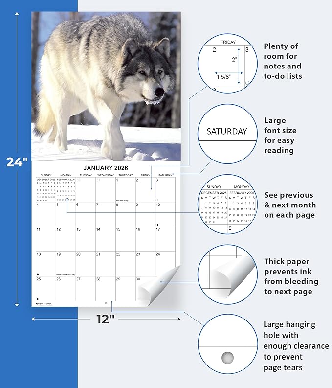 2026 Wolves of the Wild Monthly Wall Calendar | Wild Animals Calendar 2025-2026