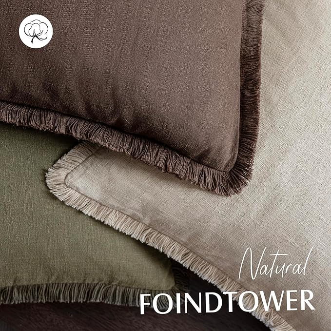 Foindtower Set of 2 Decorative Linen Fringe Throw Pillow Covers Boho Farmhouse Cushion Cover with Tassels Soft Accent Pillowcase for Couch Sofa Bed Living Room Home Decor,18×18 Inch,Reddish Brown