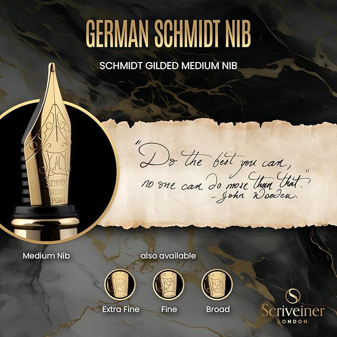 Scriveiner Luxury Fountain Pen - Stunning Black Lacquer Pen, Real Gold Finish, Schmidt Gilded Nib (Medium), Converter, Best Pen Gift Set for Men & Women, Professional, Executive, Office, Nice Pens