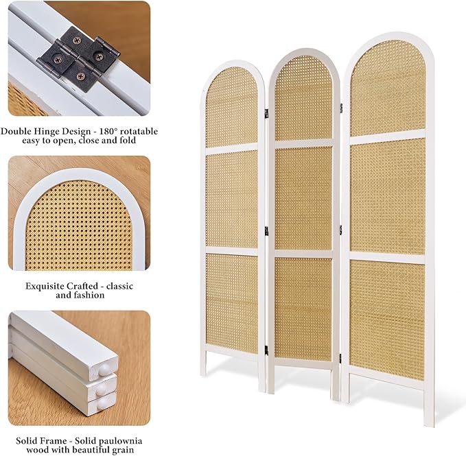 Svimi Room Dividers and Folding Privacy Screens, Pine Wood 5.6 Ft Double Hinged Rattan Partition Freestanding Wall Room Divider for Home - 3 Panels (White)