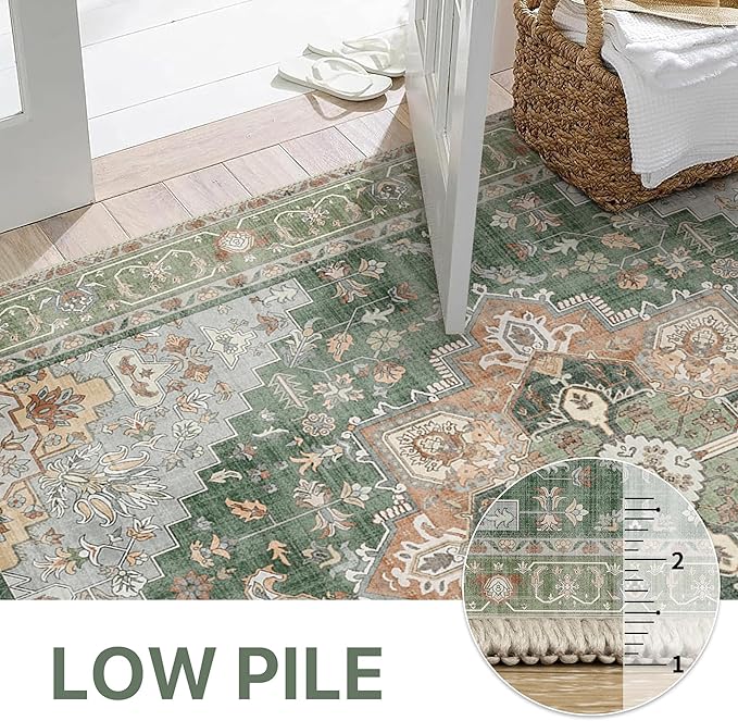 GENIMO 2'6"x8 Runner Rugs for Hallway, Machine Washable Non Slip Vintage Rugs, Low Pile Lightweight Soft Print Rug for enrtyway, Corridor, Home Office, Kitchen,Sage Green