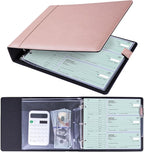 Antner 3 Ring Personal Check Binder for 3-on-a-Page End-Stub Deskbook & Personal 3 Holes or 9 Holes Small Size Checks, PU Leather Check Holder Checkbook Binder Cover with Zipper Pouch, Rose Gold