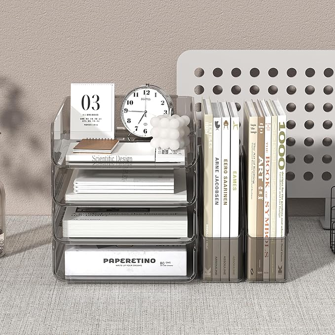 Clear Paper Organizer with Movable Bookends, Brown Acrylic Stackable Paper Tray for Desk, 4-Tier Letter Tray Organizer Office Supplies