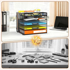 Docnest 5 Tier Letter Tray with Hanging File Organizer-Mesh Desk Organizer-Desktop Storage Box Built in Pen Holder and Handles, File Folder Holder for Mail Documents Office Supplies-Black