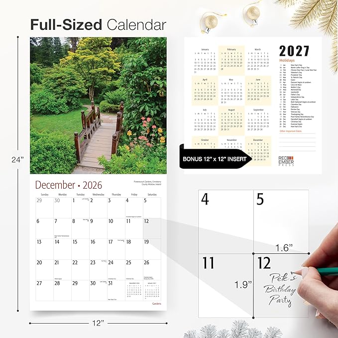 RED EMBER Gardens 2026 Wall Calendar 12 Month | 12" x 24" Open | Thick & Sturdy Paper | Holiday Gift | Nature Calendar 2026