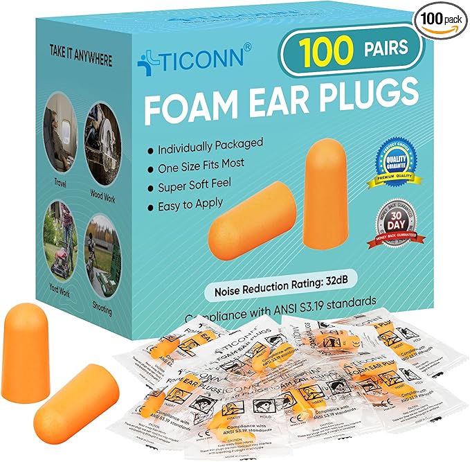 TICONN 100 Pairs Ear Plugs, 32dB Noise Reduction Earplugs for Sleeping Hearing Protection Travel Study Concentration Construction Site (100 Pairs)