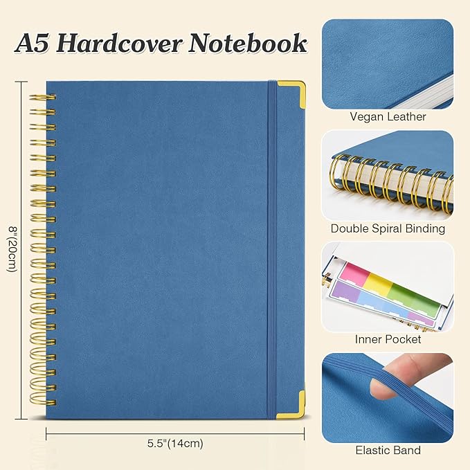 Bullet Dotted Journal Spiral Notebook, 300 Pages Leather Notebooks with Contens, 120 GSM Thick No Bleed Through Paper Journals, A5 Dot Grid Notebook for Women Men Work Writing, 5.5" x 8", Dark Blue